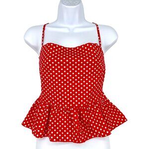 Fanco Red Polka Dot Peplum Open Back Crop Top Adjustable Tie Back Size Small